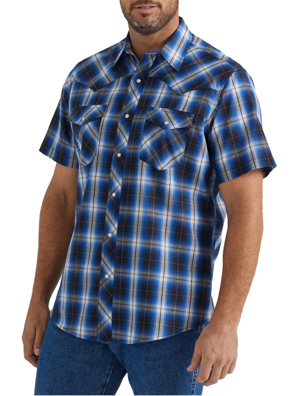 Wrangler Pearl Snap Men’s Short Sleeve Western Shirt Blue Plaid 3XL